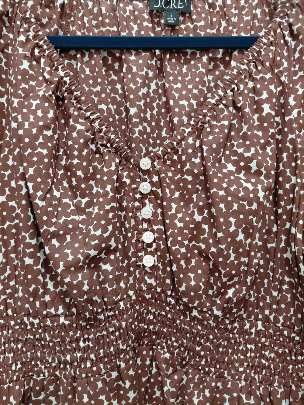 J. Crew Brown and White Printed Smocked Peasant Blouse #0958